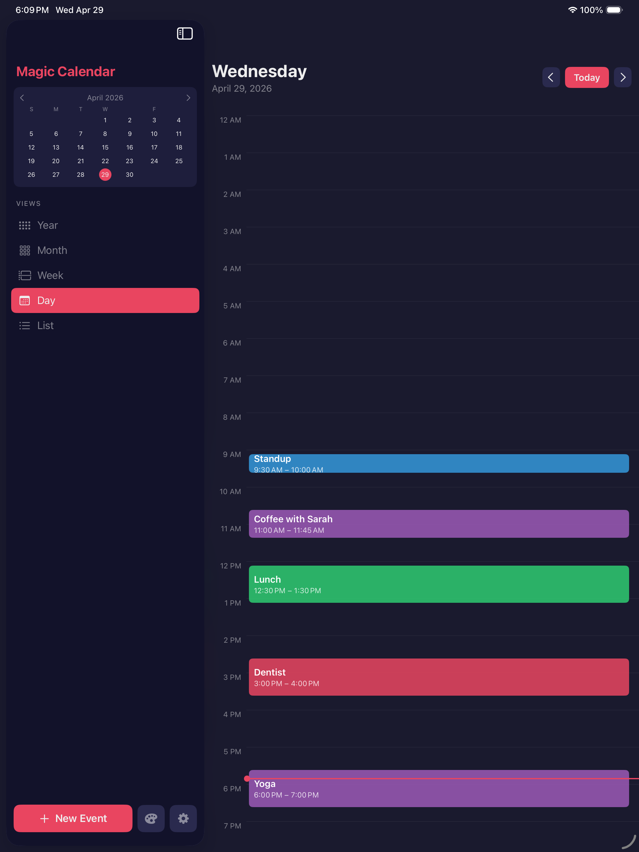 Magic Calendar — busy day view with back‑to‑back events