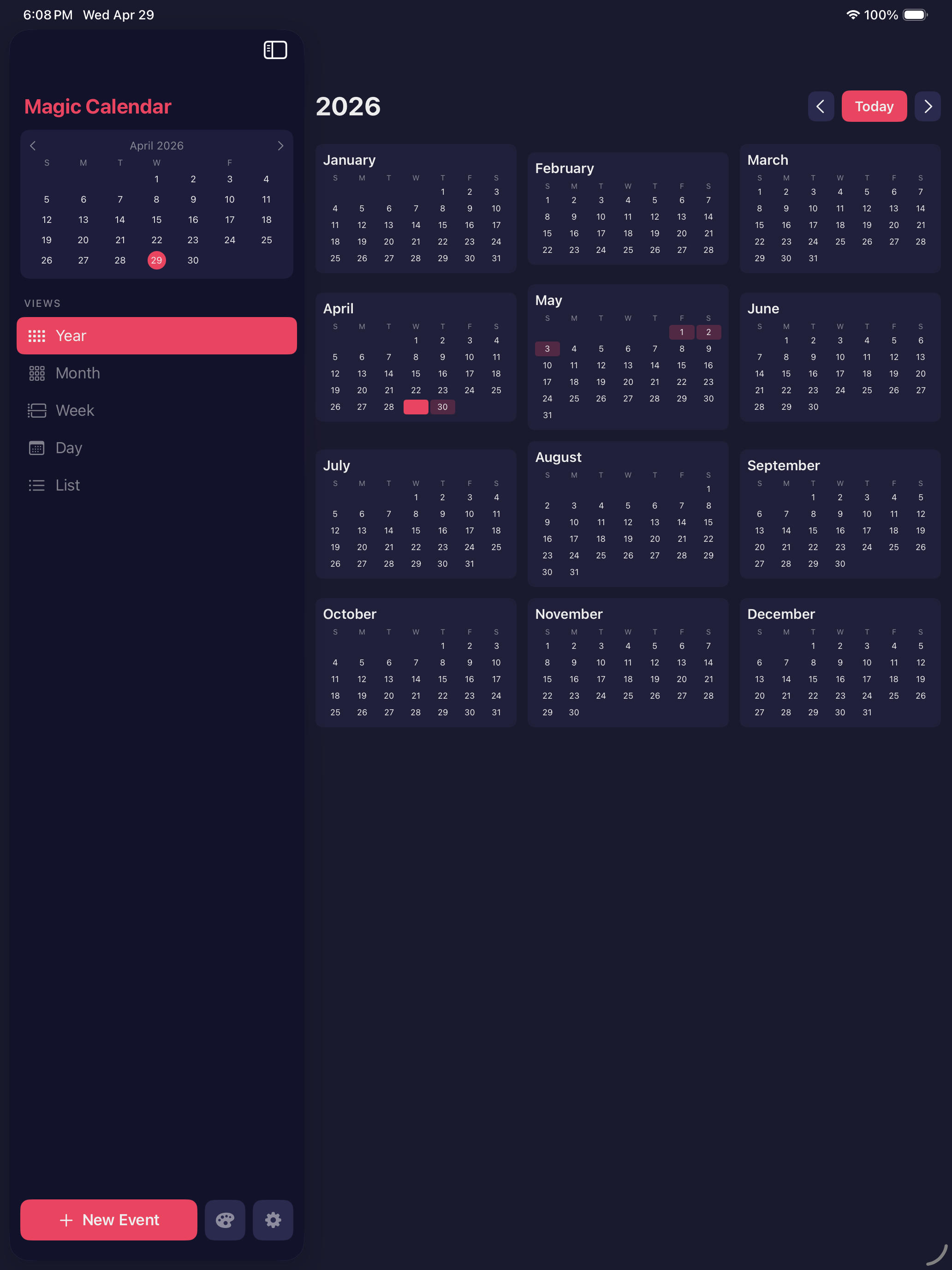 Magic Calendar — year view showing all twelve months at a glance